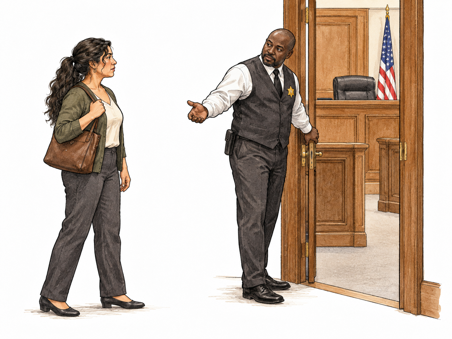 A court usher directly beckons a waiting adult through courtroom doorway, official call to appear, no written notice.