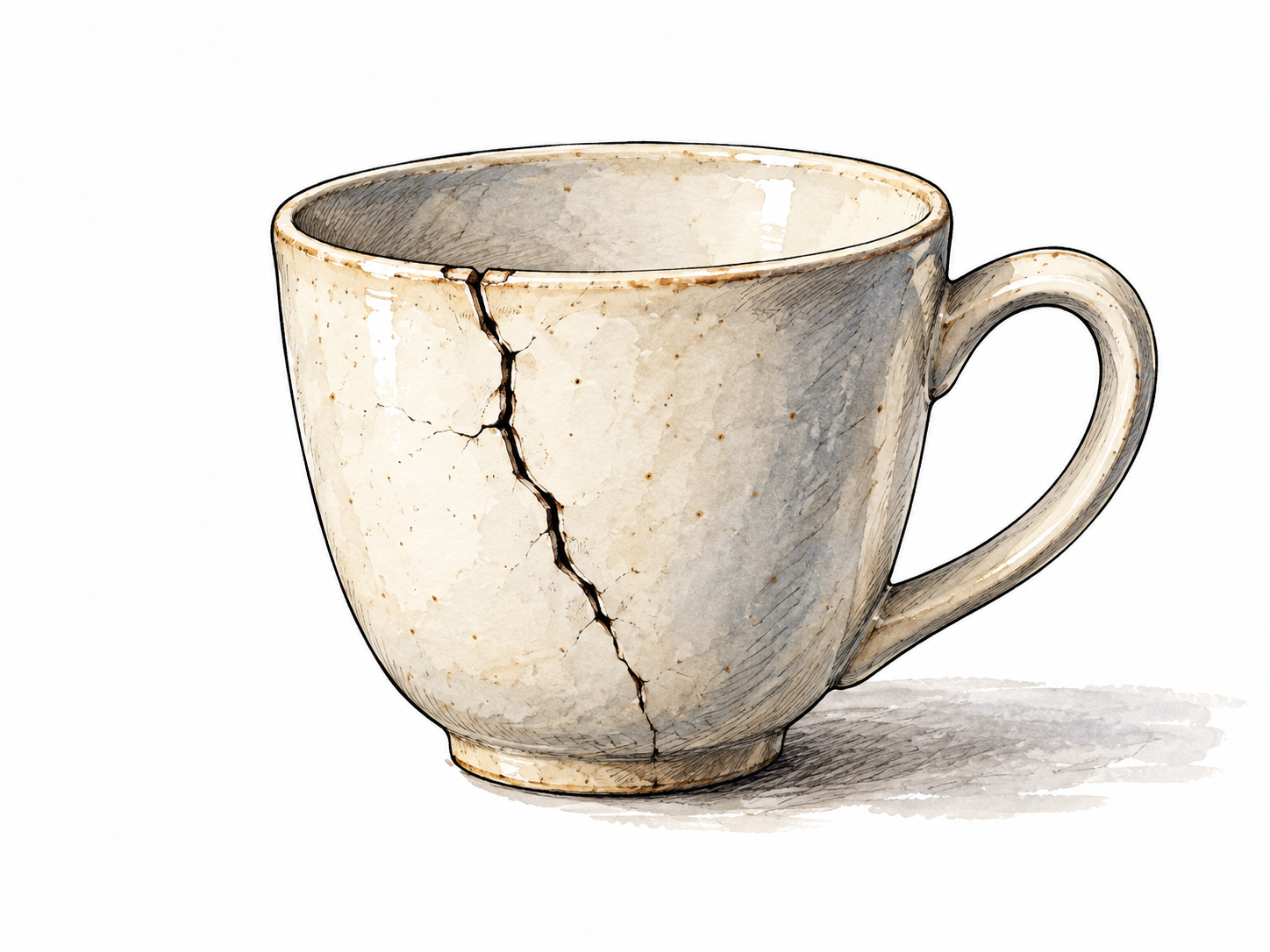A clear dark crack in a pale ceramic cup, readily noticeable to an observer.