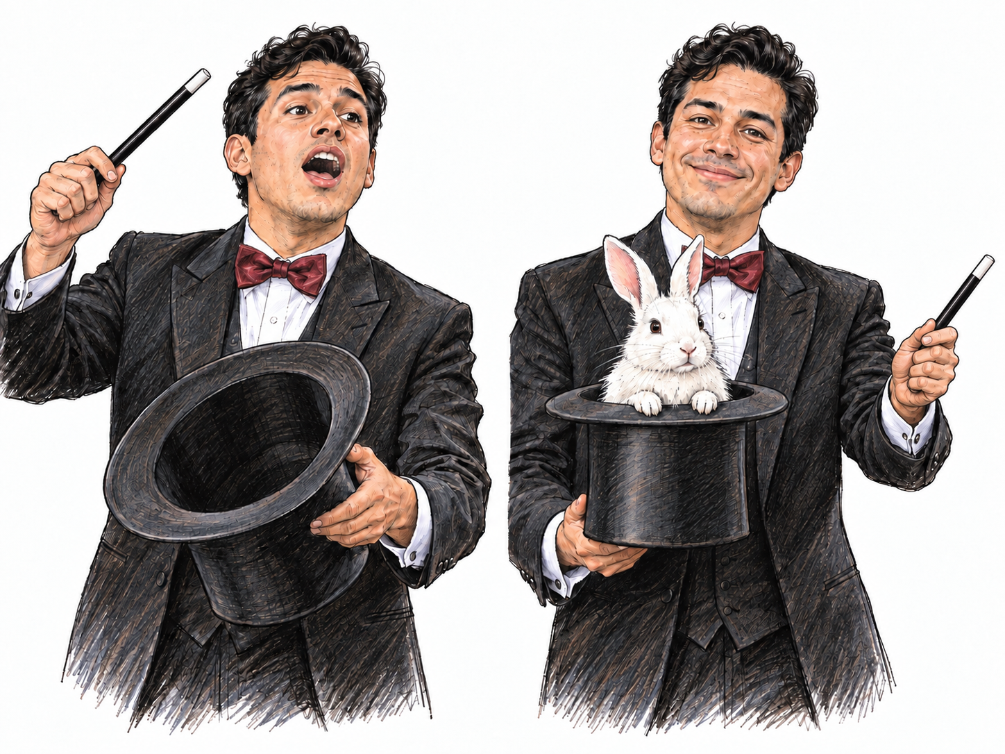 A compact two-moment magic performance emphasizes the theatrical utterance that precedes a trick: a magician visibly calls out while holding his wand over an empty hat, then reveals a rabbit with a delighted flourish.