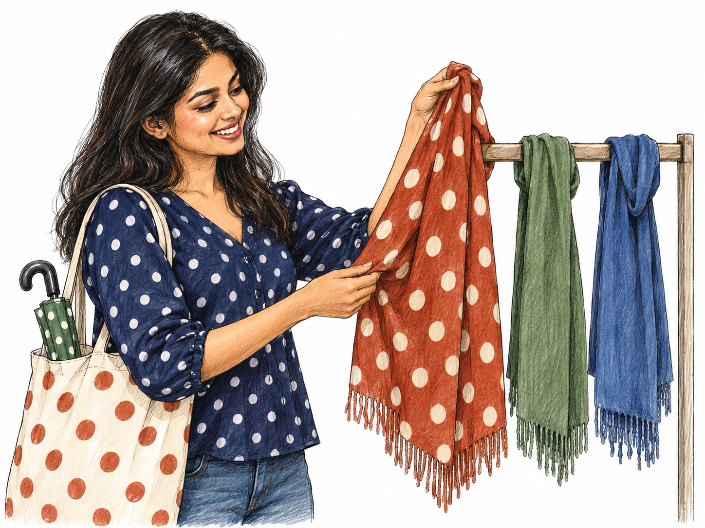 A woman with an unmistakable fondness for polka dots delightedly selects a polka-dot scarf over plain alternatives; her polka-dot blouse, bag and umbrella reinforce the recurring preference.