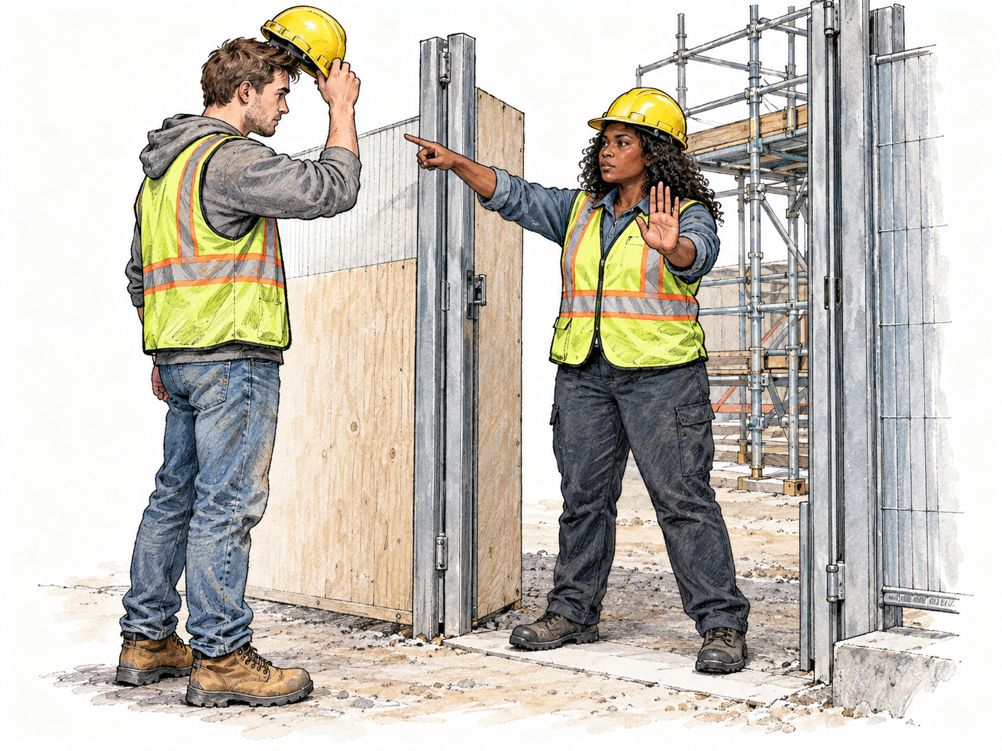 At a construction-site entrance, a safety attendant blocks a bareheaded worker from entering and points to the hard hat he is lifting onto his head.