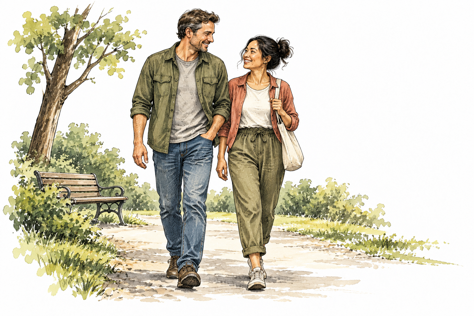 Two adult partners walking together side by side in a park, a clearly paired couple amid spacious white ground.