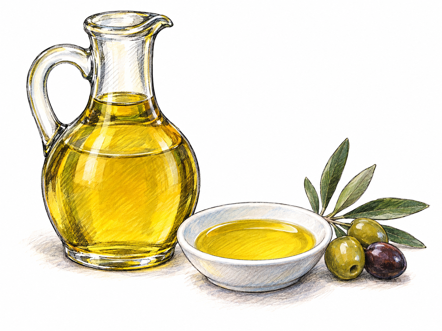 A clear glass cruet of golden cooking oil beside a shallow dish containing the same glossy liquid, with a few olives and an olive sprig establishing the familiar cooking substance.