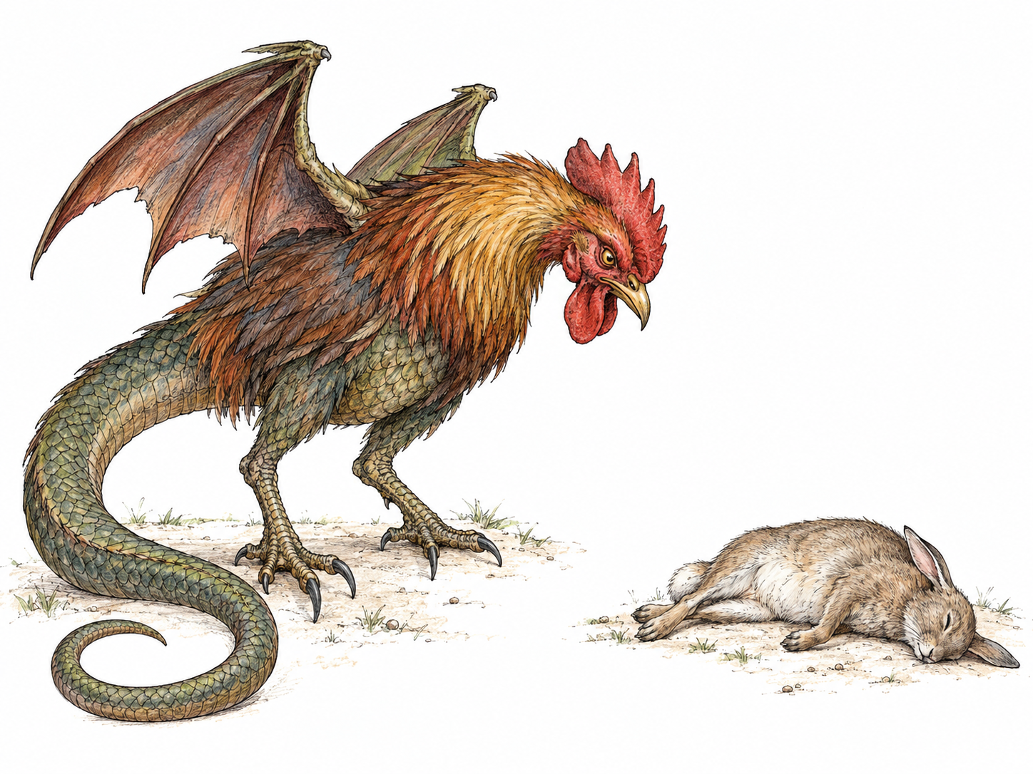 A cockatrice with a rooster-like head, small dragon wings, and a long serpentine body fixes its stare on a small rabbit lying lifeless before it.