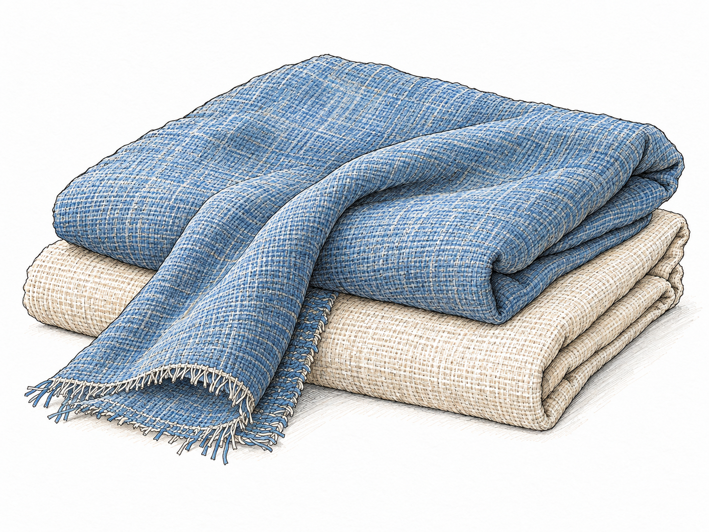 Two folded lengths of woven cloth with one loose corner draped forward, revealing the fabric’s interlaced threads and soft folds.