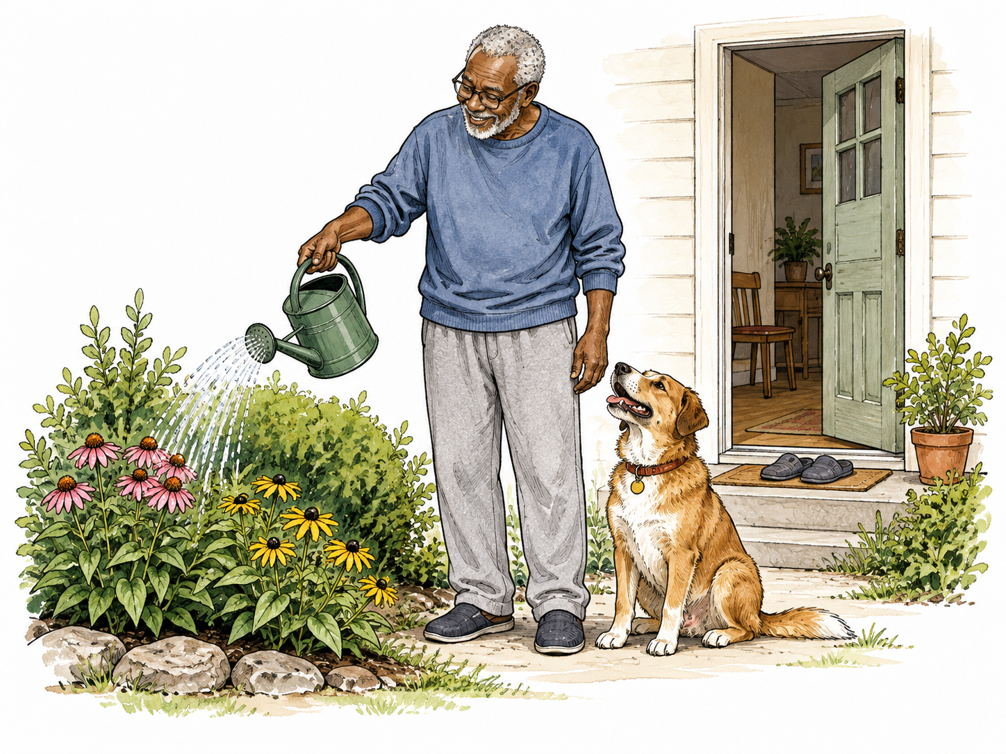 An elderly Black man watering the plants outside his own small house, wearing comfortable home clothes, with his dog at his feet.