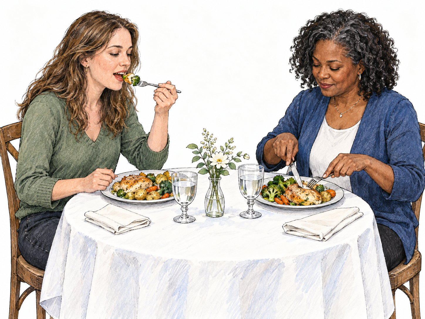 Two women eat plated meals together at a neatly set restaurant table, with one lifting a forkful toward her mouth and the other cutting her food.