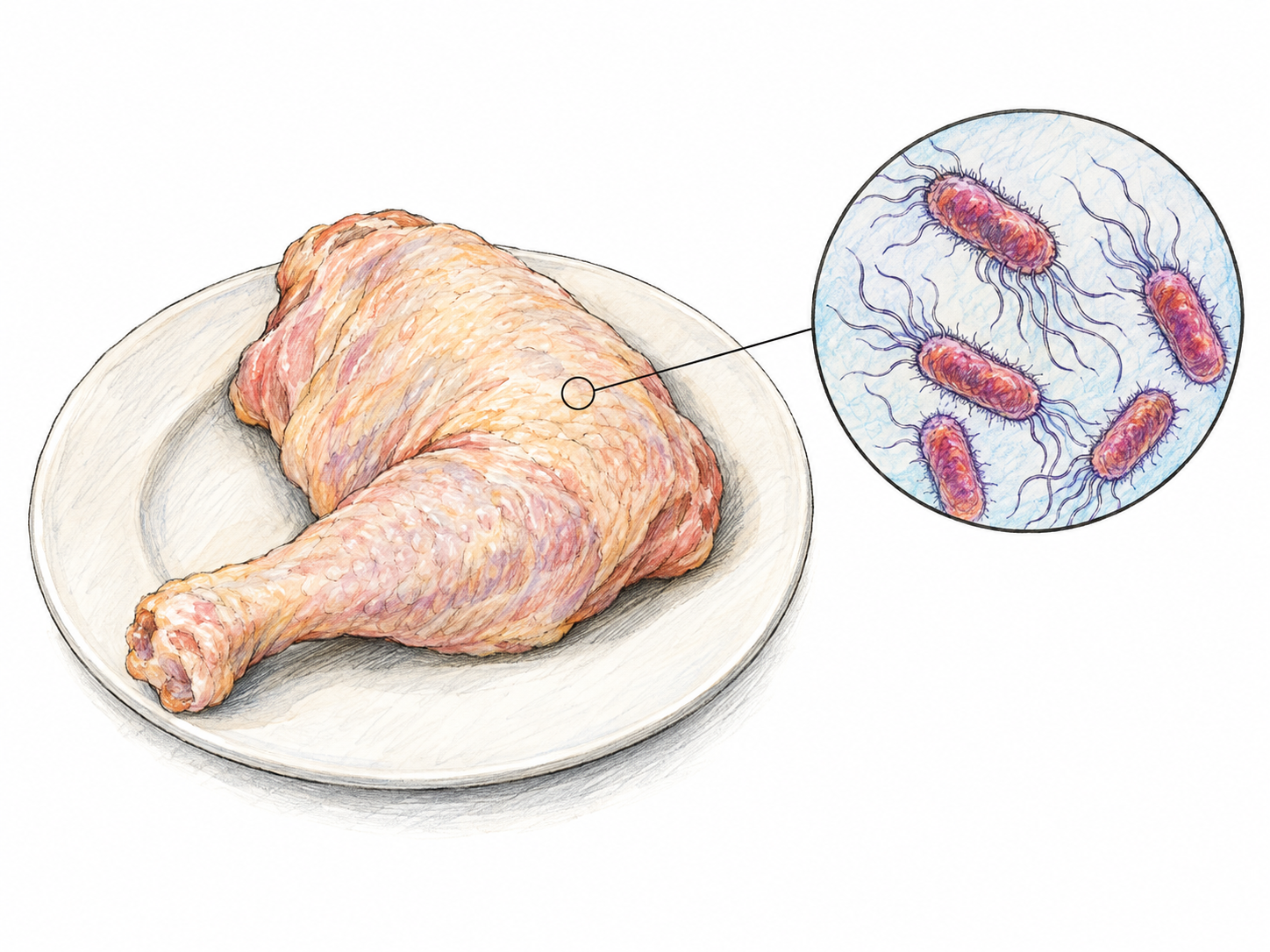 A raw chicken portion on a plain plate beside a clearly separated circular magnified view of rod-shaped Salmonella bacteria, linking the microscopic organism to food poisoning without suggesting that bacteria are visible to the naked eye.
