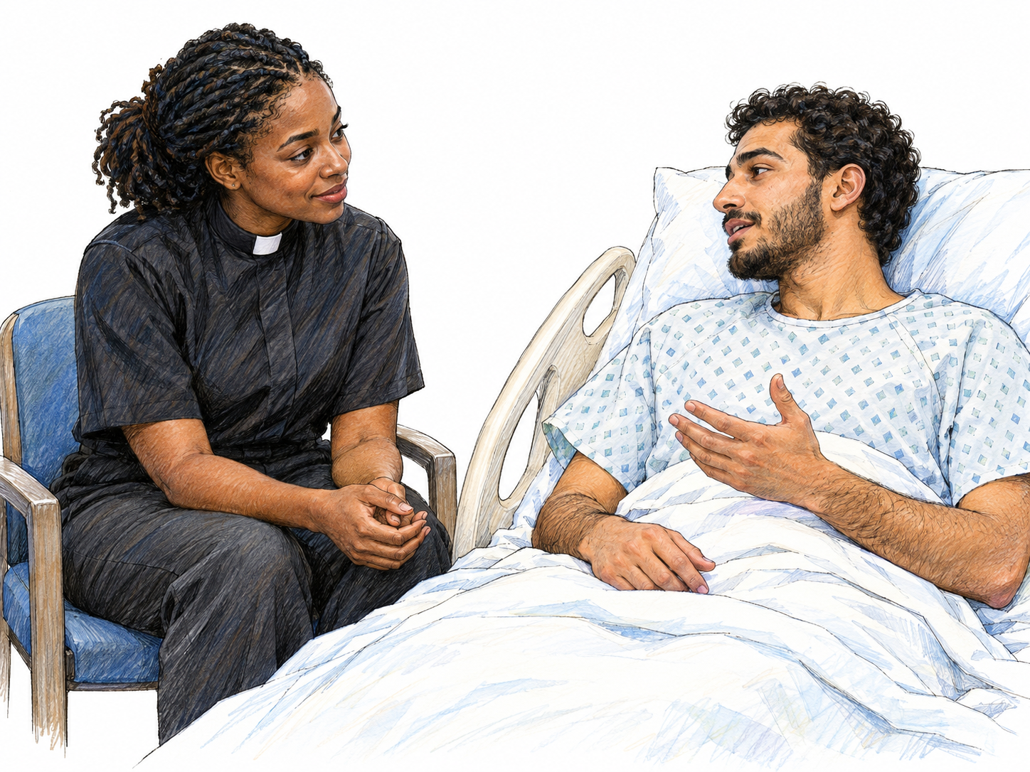 A hospital chaplain wearing a clerical collar sits beside a patient’s bed, offering attentive spiritual support in a quiet, minimal hospital setting.