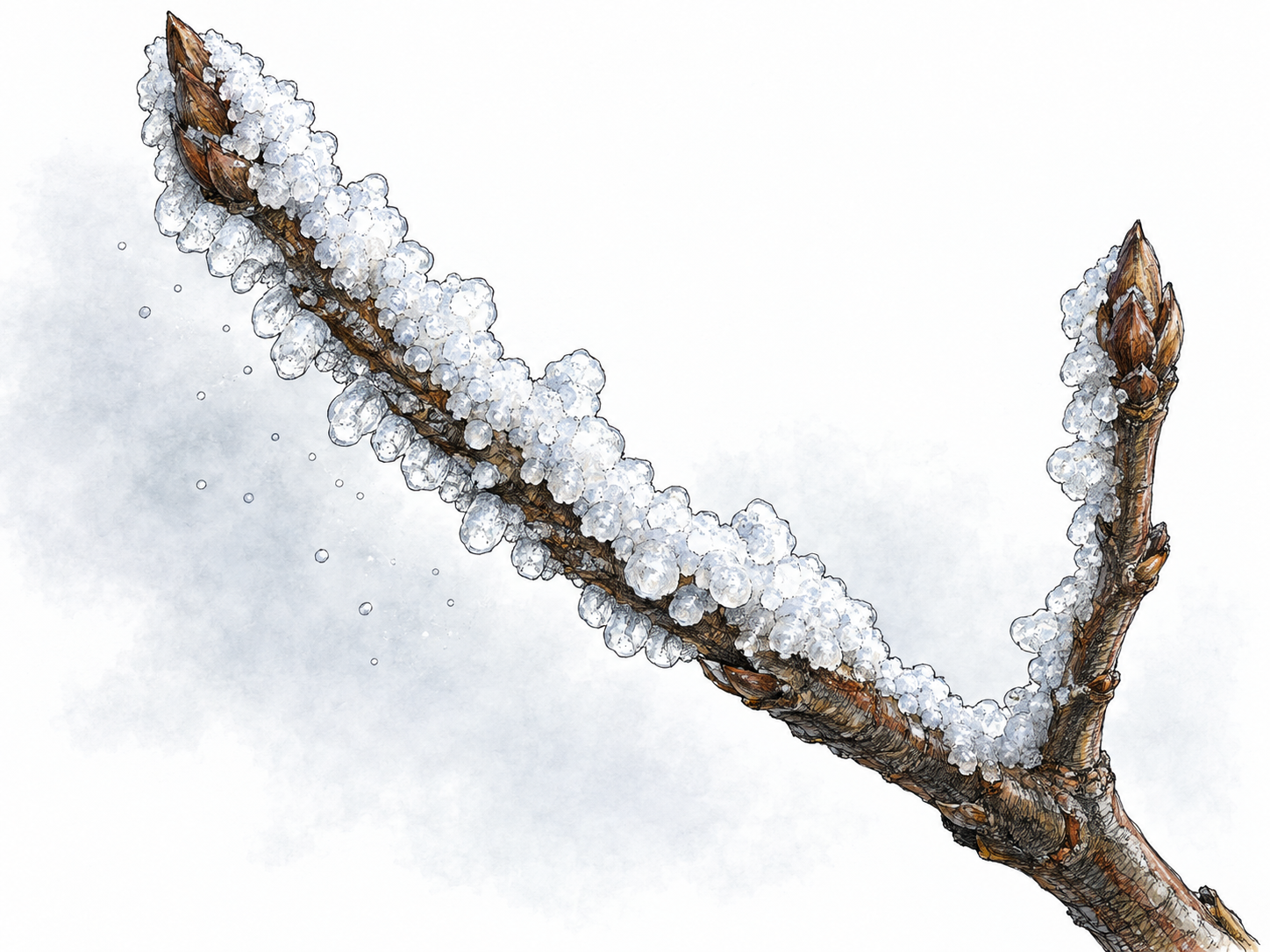 Close-up of a bare twig coated on its windward side with opaque, granular rime ice in freezing fog, contrasting with exposed dark bark on the sheltered side.