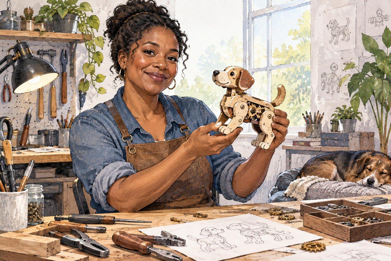 A woman inventor proudly holds the functional mechanical toy she built at a workbench, creator visibly associated with new object.