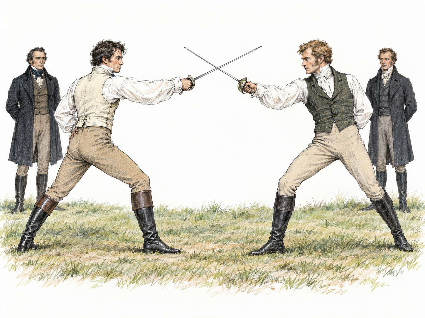 Two early nineteenth-century French gentlemen face each other in a formal sword duel, their blades crossed, while two unarmed seconds stand back as witnesses.