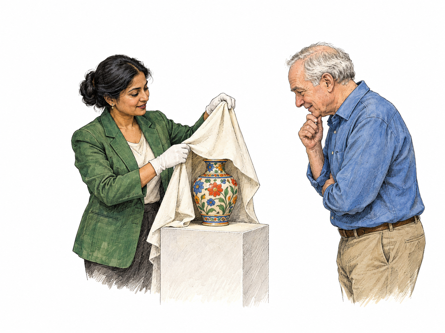 A museum curator draws back a small cloth to reveal a bright painted ceramic vase to an interested visitor.