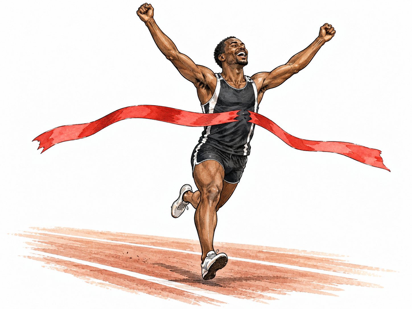 A jubilant Black athlete throws both arms up after crossing a finish line.
