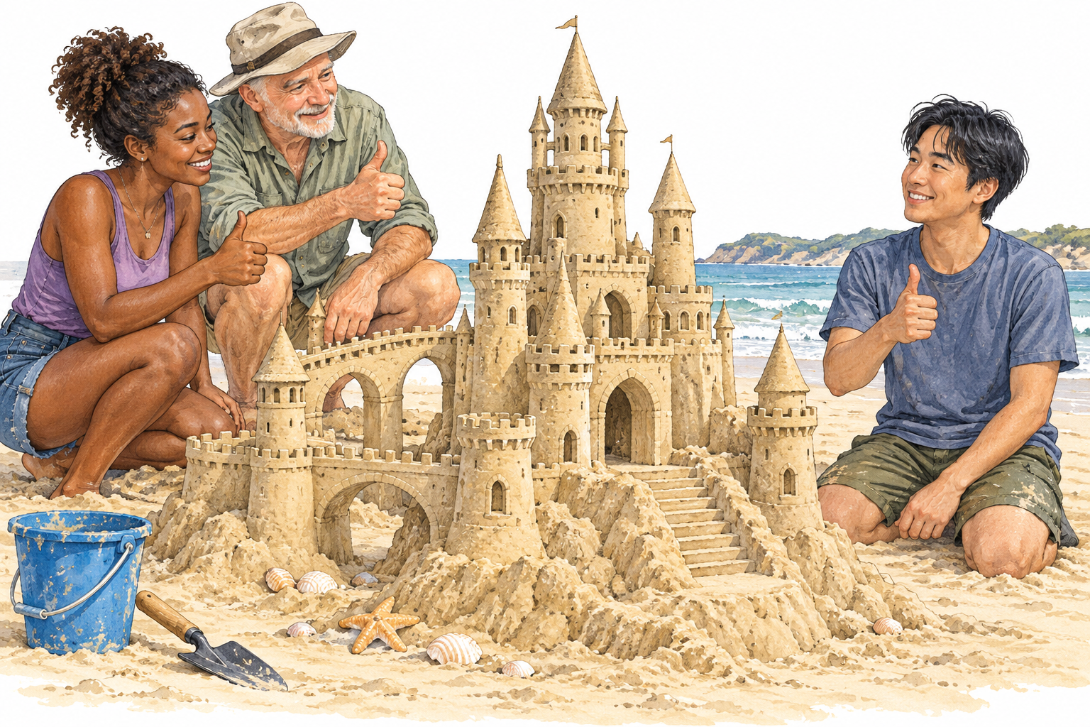 Friends react with delight and admiration to an exceptionally well-made sandcastle.