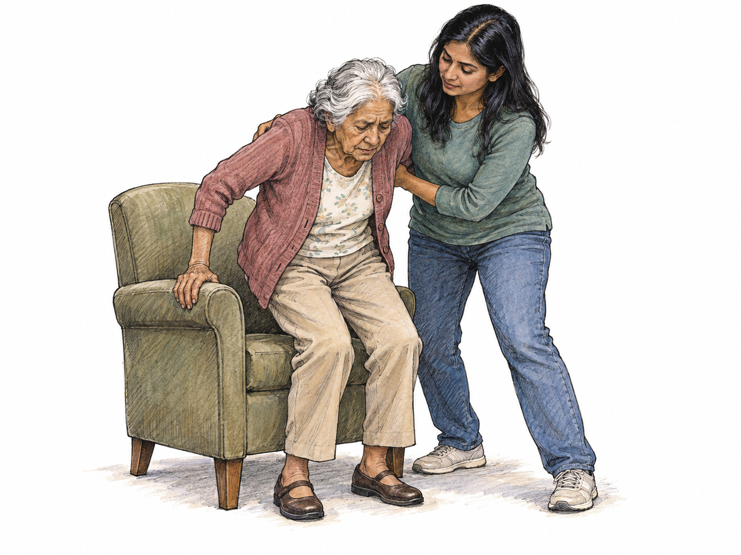 A visibly frail elderly woman struggles to rise from an armchair, leaning heavily on its arm while a younger caregiver supports her torso.