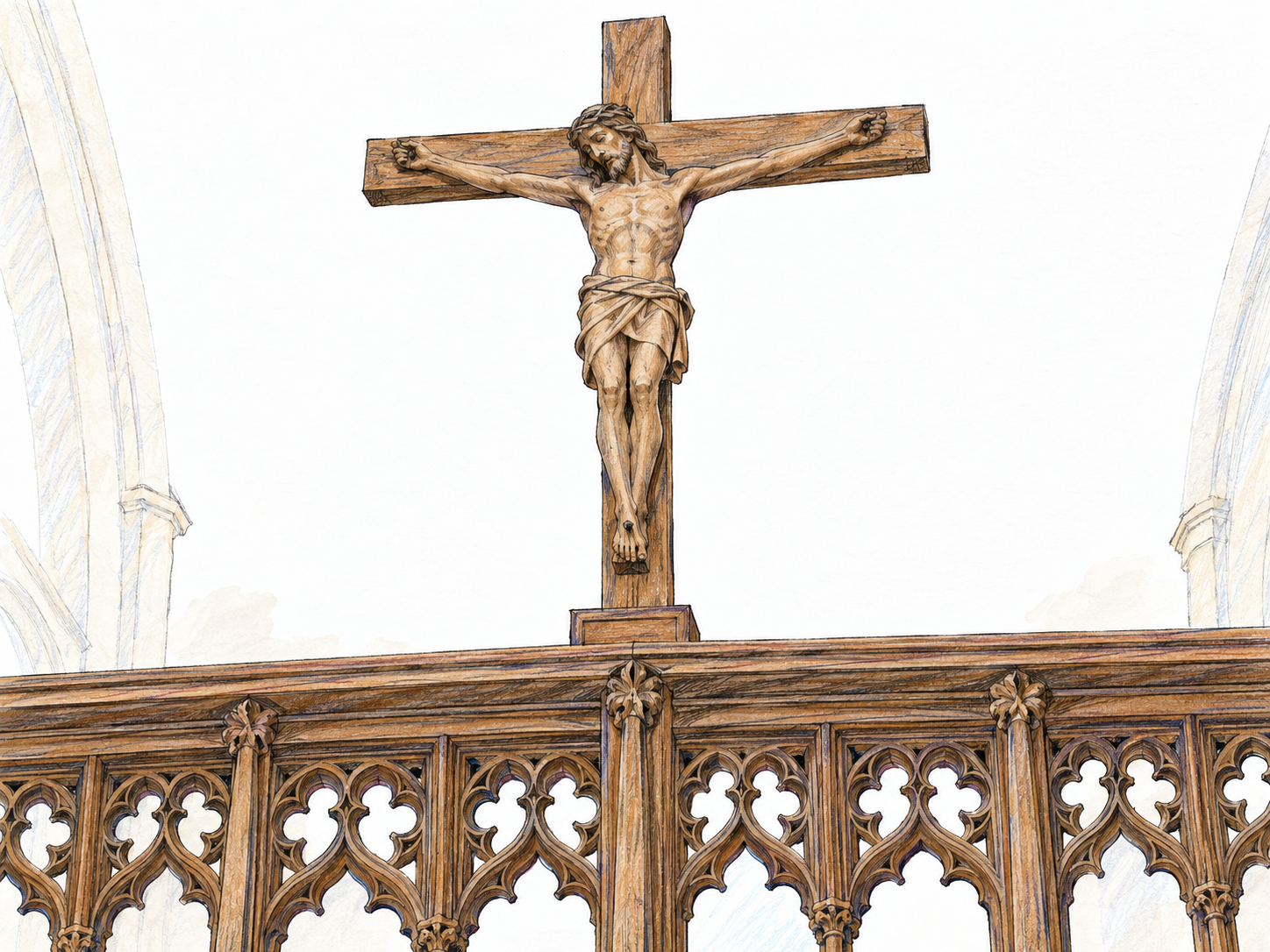 A wooden crucifix mounted prominently above a carved church screen, shown in a tight architectural vignette that makes the crucifix and its placement immediately clear.