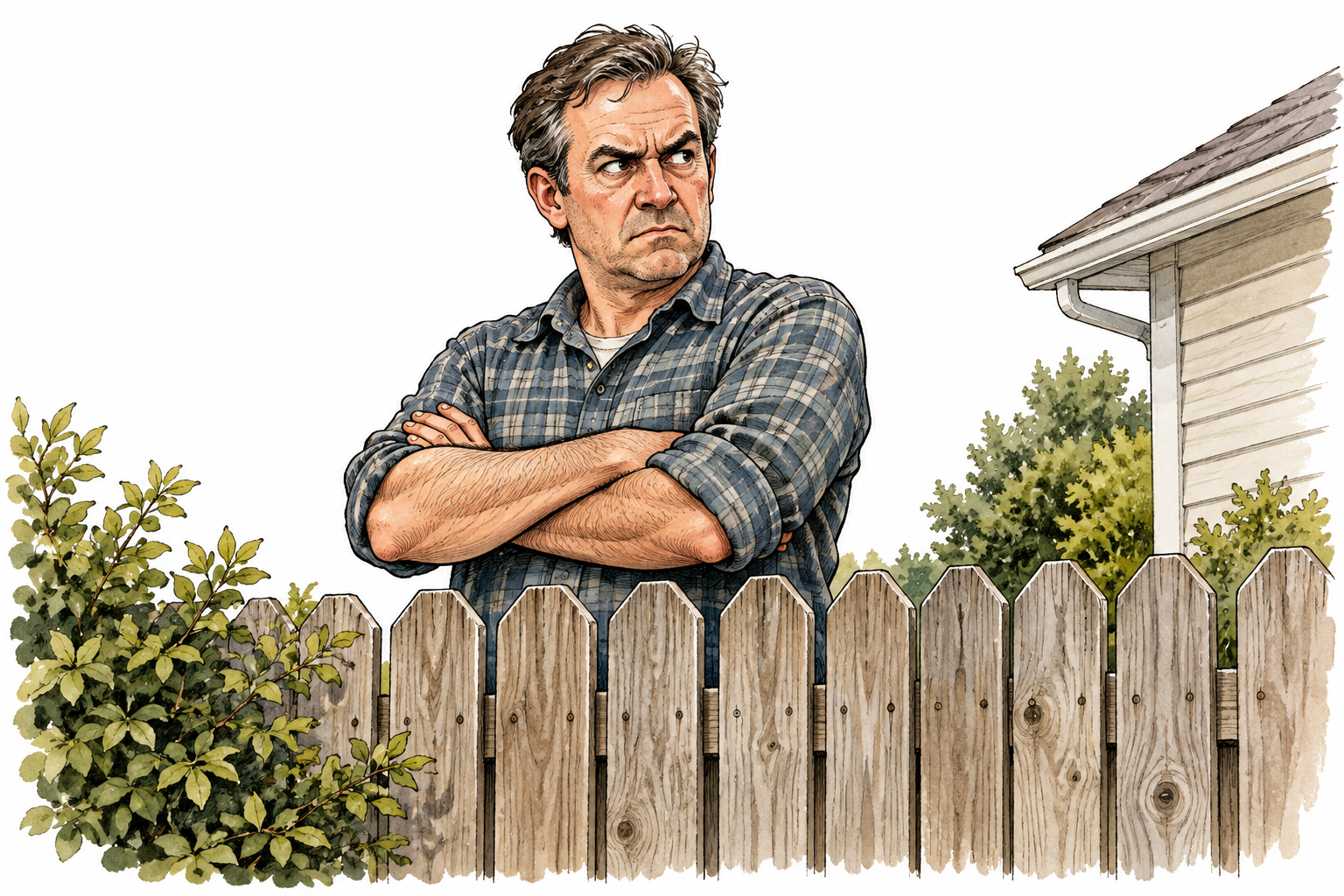 A hostile neighbor stands with crossed arms and an unfriendly glare behind a fence, no weapon.