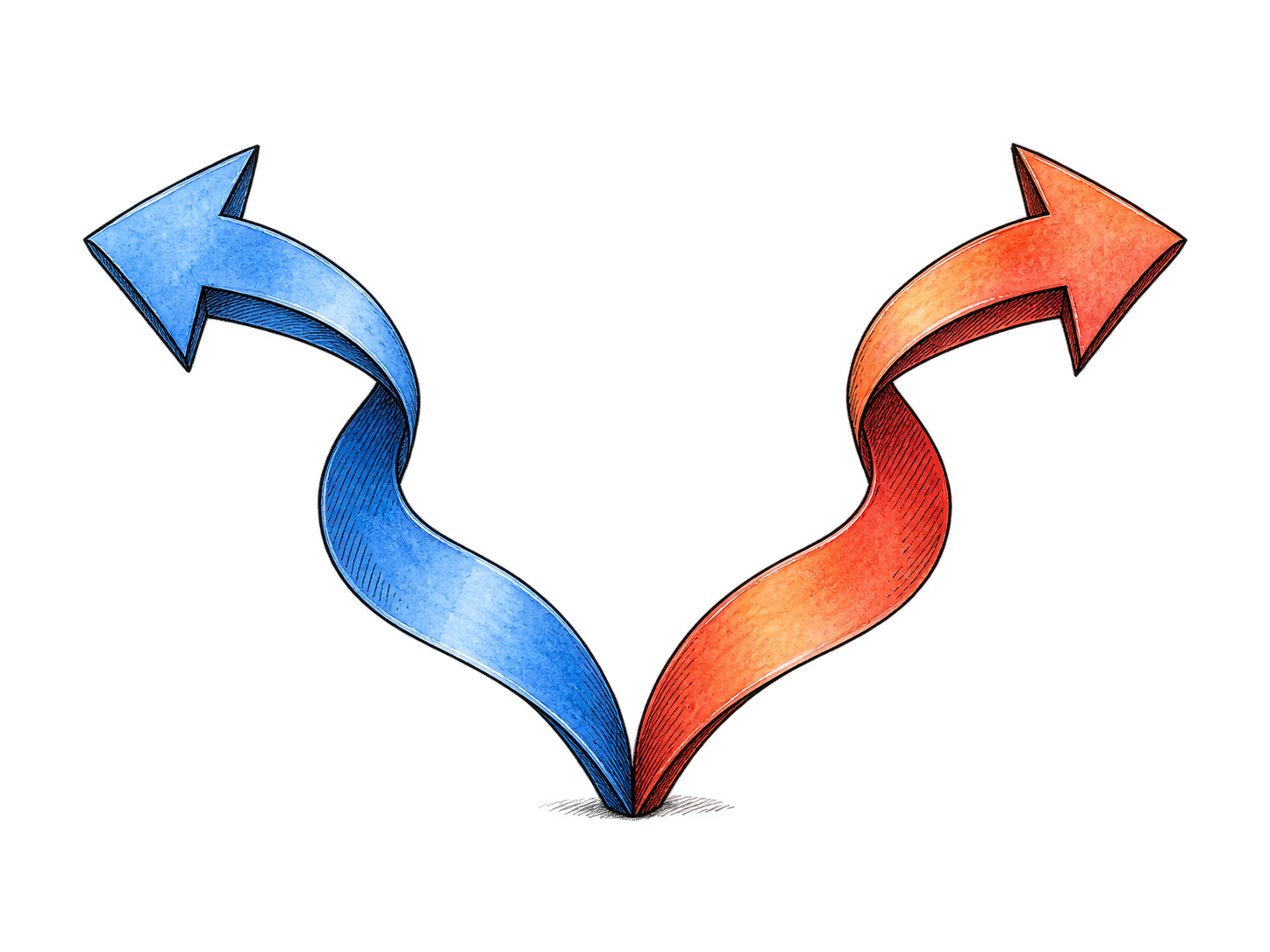 Two arrows begin at one shared point then curve apart into clearly separate directions, rendered as physical colored ribbons along two diverging narrow paths; no panorama or words.
