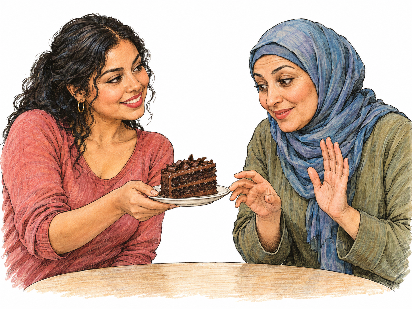 A woman offers an enticing slice of chocolate cake to another woman, whose raised palm signals hesitation even as her eyes and other hand are drawn toward the dessert.