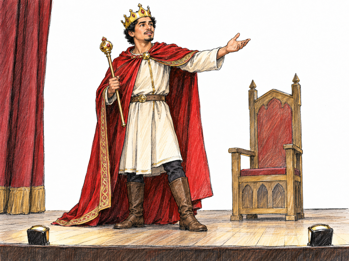 An actor playing a king on a small theater stage: his costume and theatrical surroundings make his assigned character visible.