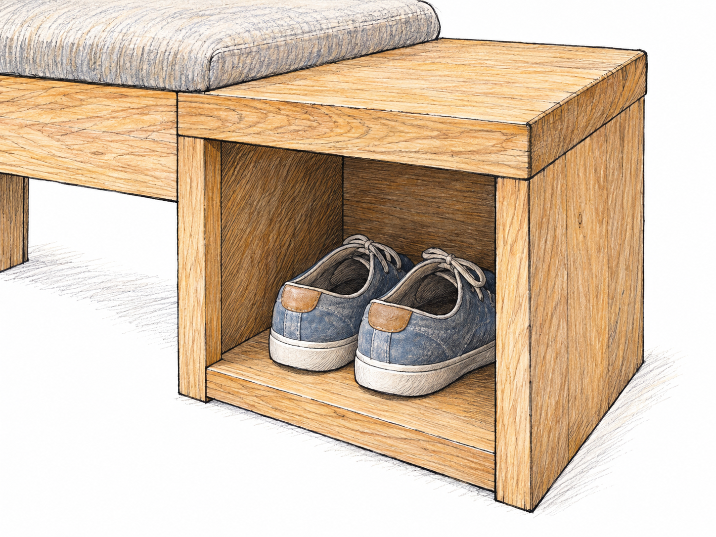 A single small, open-front wooden storage cubby built into the side of a bench, with a pair of shoes tucked snugly inside.