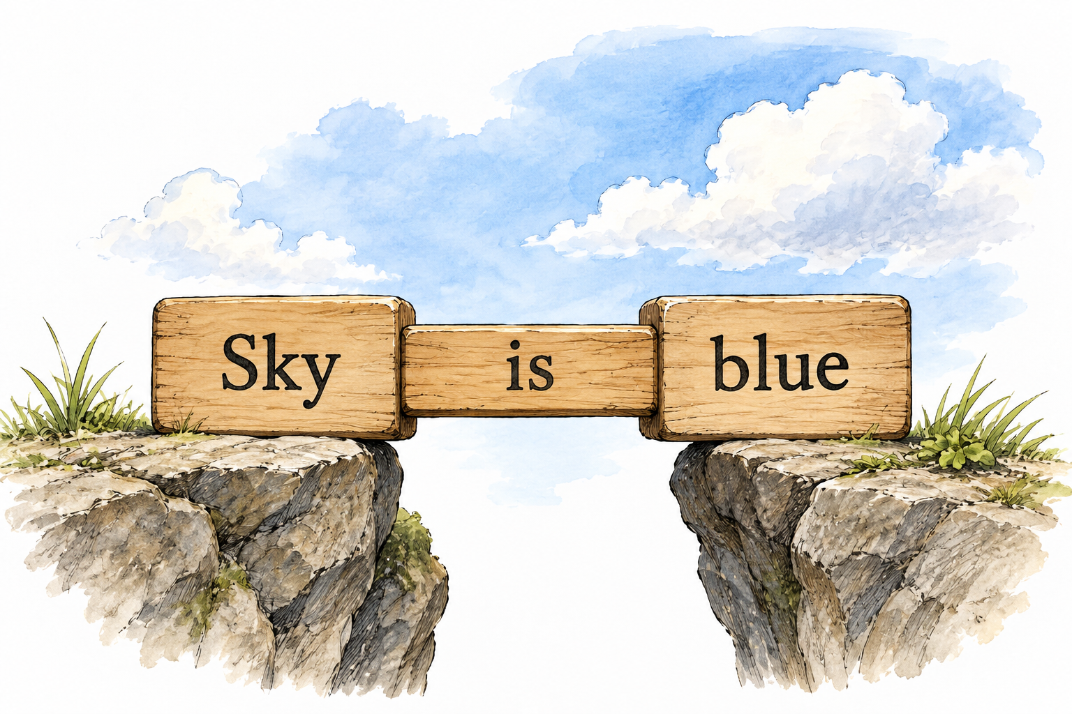Three simple wooden grammar tiles arranged as a sentence: 'Sky' 'is' 'blue'.