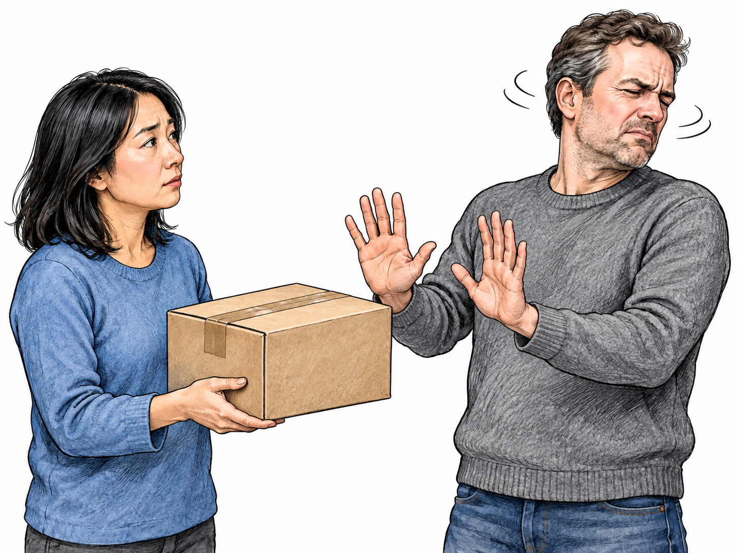 An adult pushes a wrongly attributed parcel back with open empty palms and a firm headshake, denying ownership or responsibility; one other adult holds the parcel.