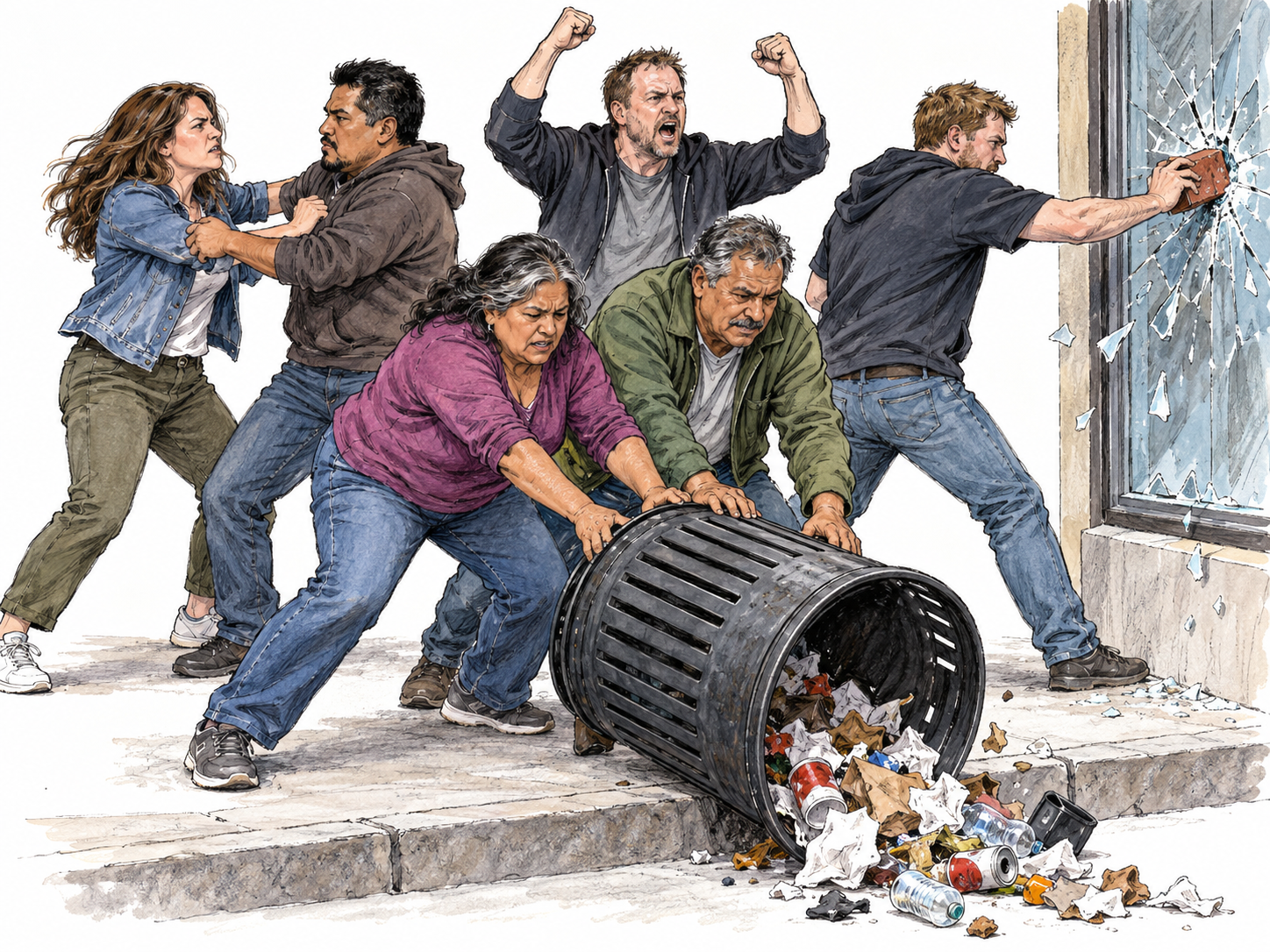 A compact crowd violently disrupts a public street: two people overturn a street bin, another smashes a shop window with a brick, and others shove and grapple nearby.