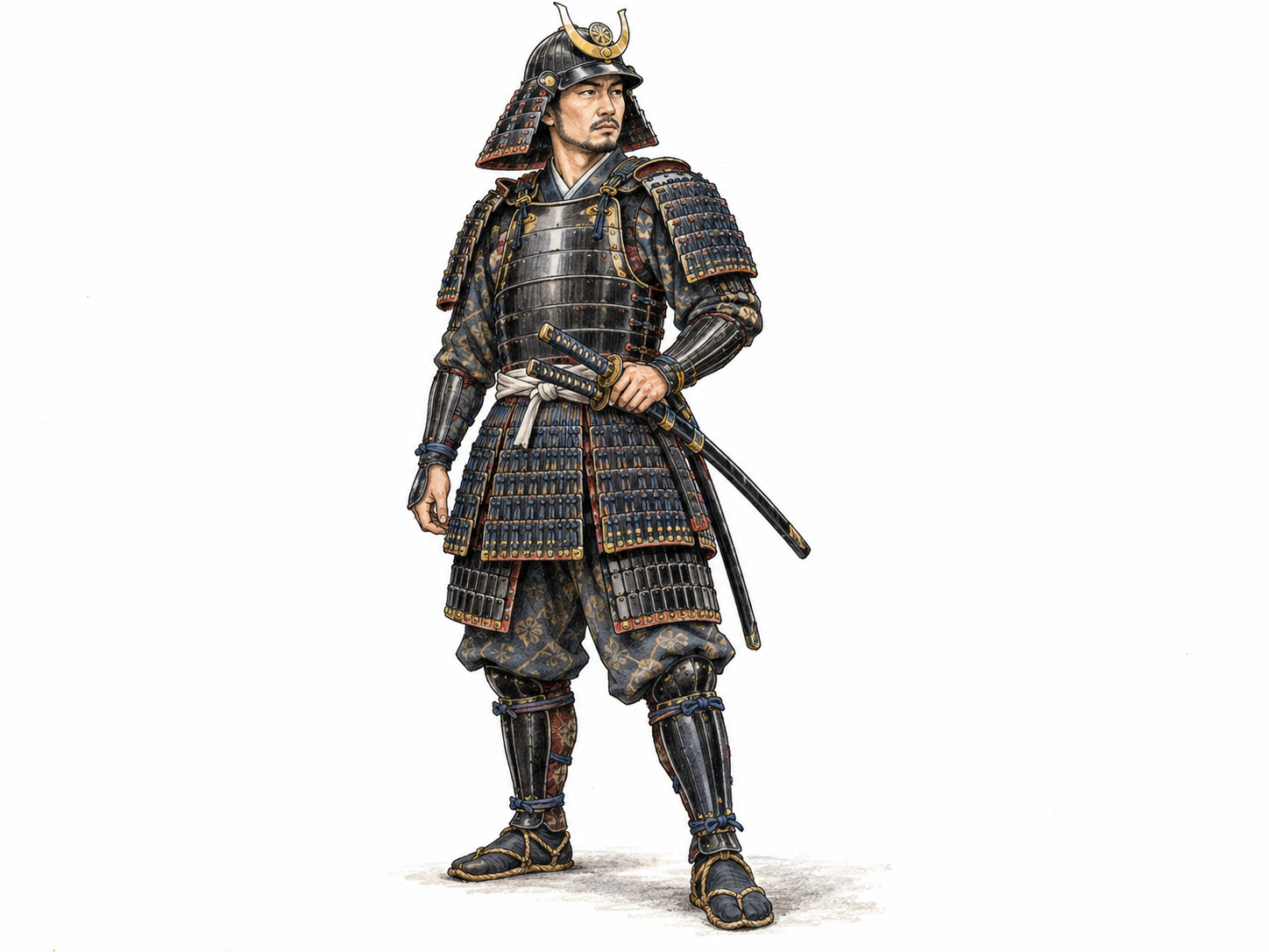 A Japanese samurai of the late sixteenth century stands in recognizable period armor, wearing a helmet and paired sheathed swords.