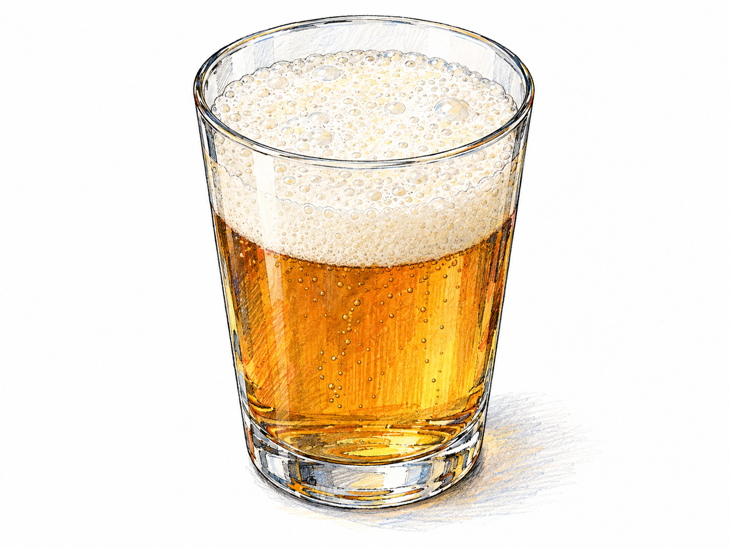 A clear glass partly filled with amber liquid, topped by a thick mass of tiny, tightly packed foam bubbles; the transparent sides make the liquid beneath the foam unmistakable.