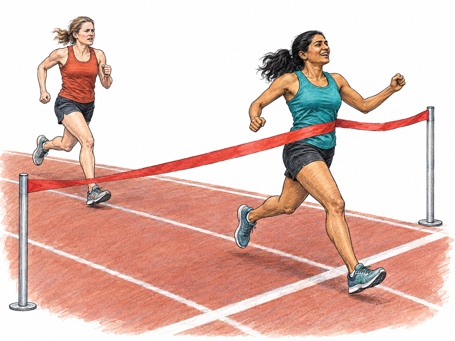 A runner crosses a race finish line while her competitor remains several strides behind, visibly outperforming her in the same event.