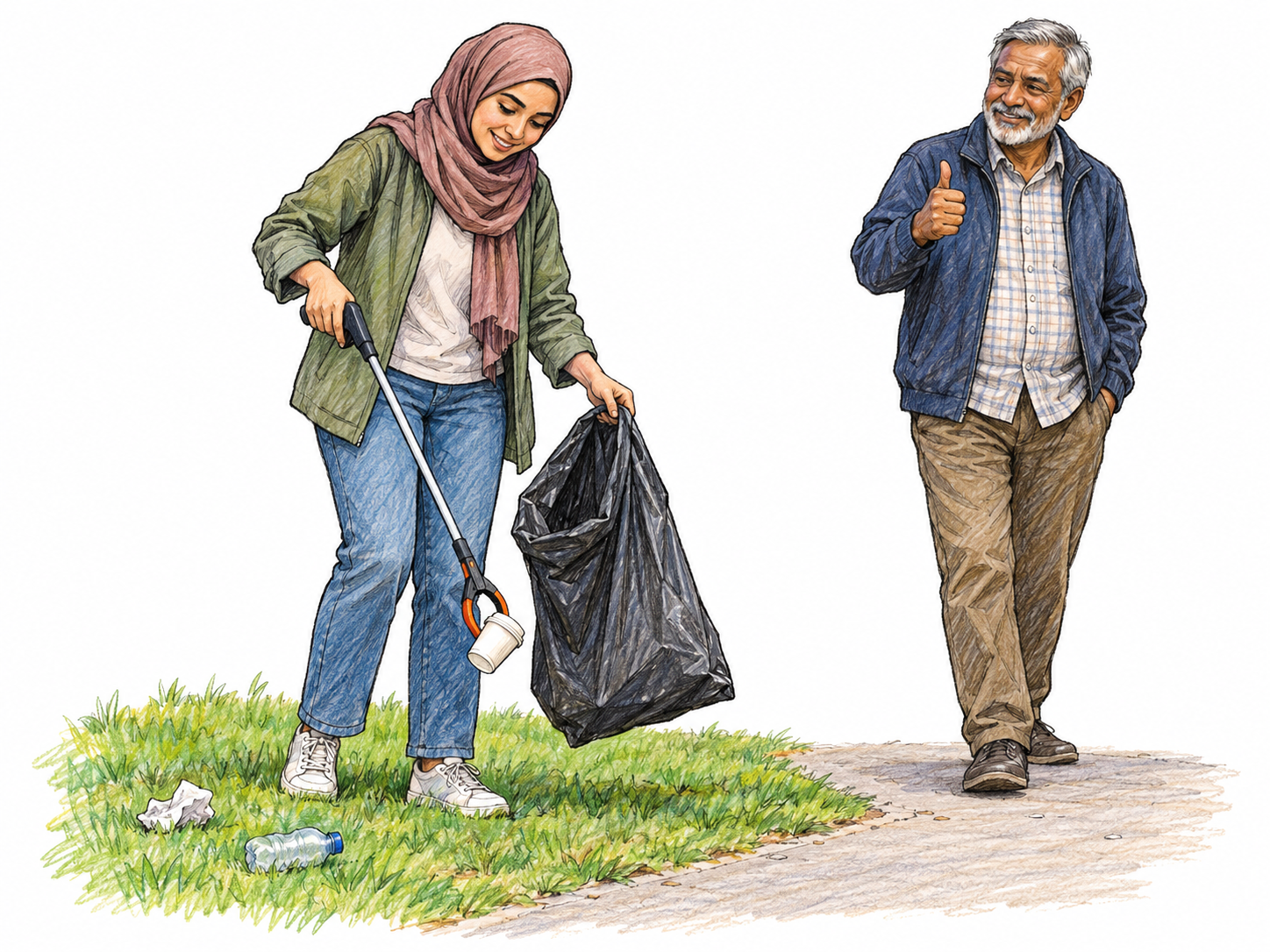 A young woman collects litter in a public park while an older passerby gives her an appreciative thumbs-up, making both the praiseworthy action and approval clear.