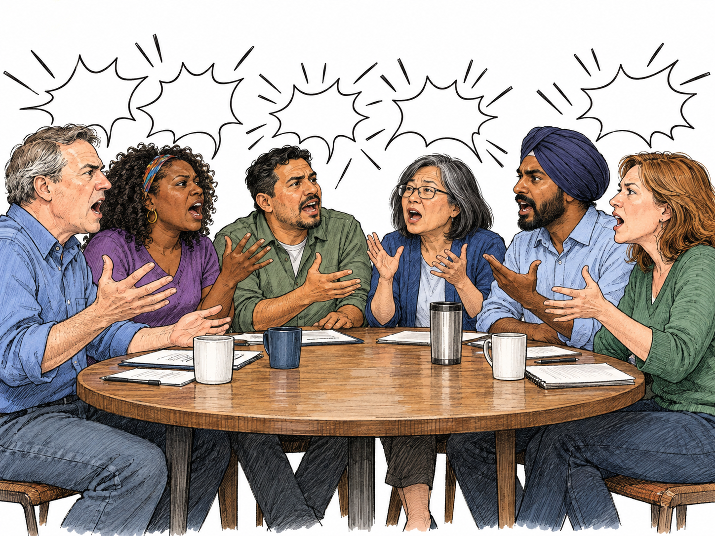 Exactly six adult residents make a loud collective demand at a meeting table, with emphatic open hands and overlapping empty sound marks; no slogans or hostile violence.
