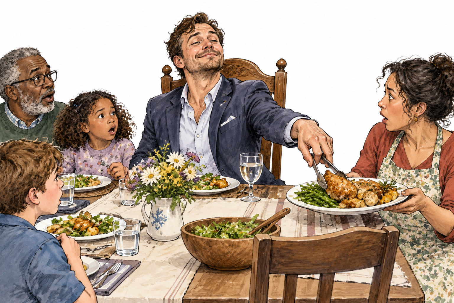 An uninvited adult takes the head chair and reaches for the host's plate, others surprised by the presumptuous behavior.