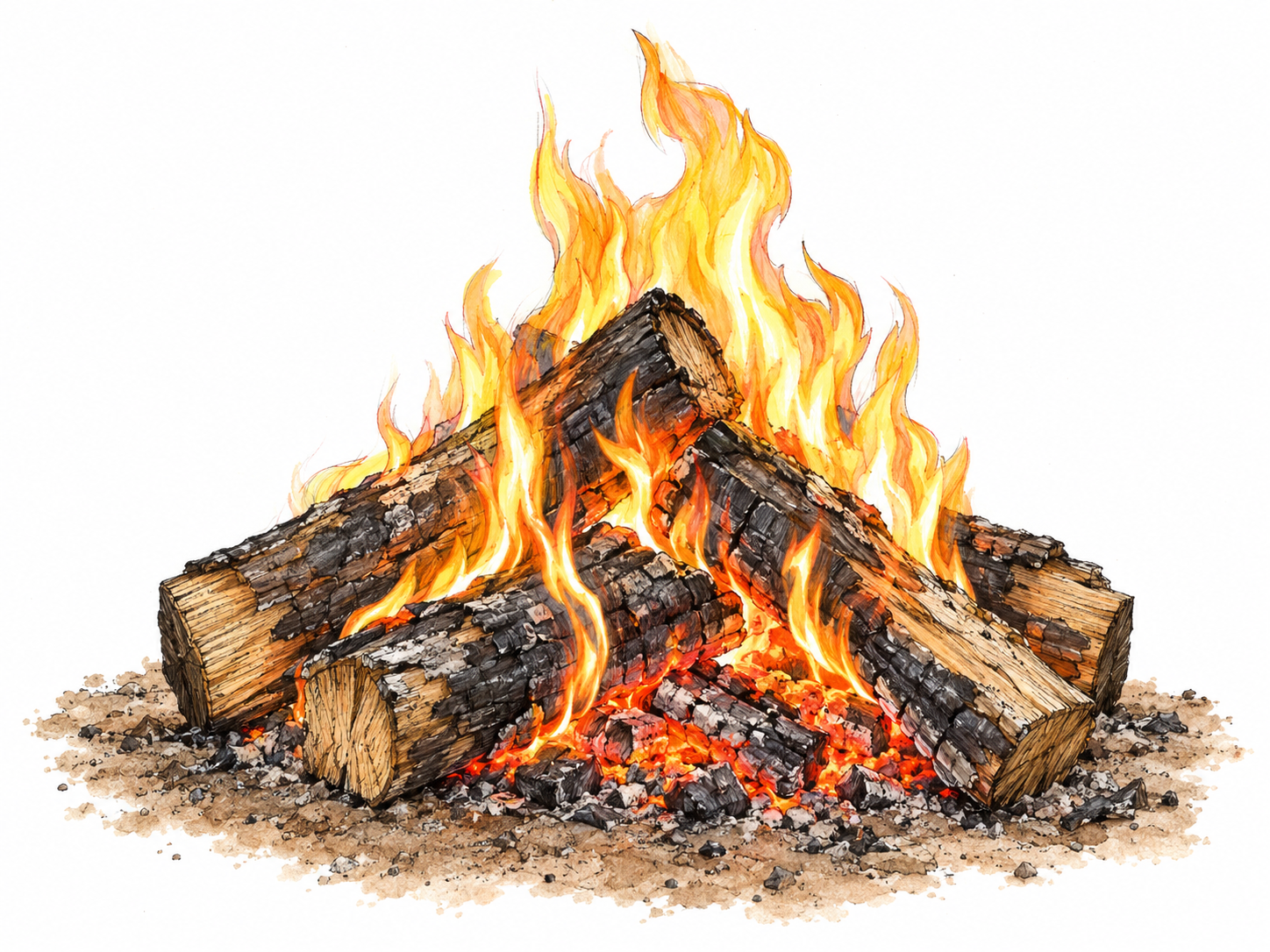 A small pile of split firewood visibly burning, with flames rising directly from blackened wood and glowing embers beneath.