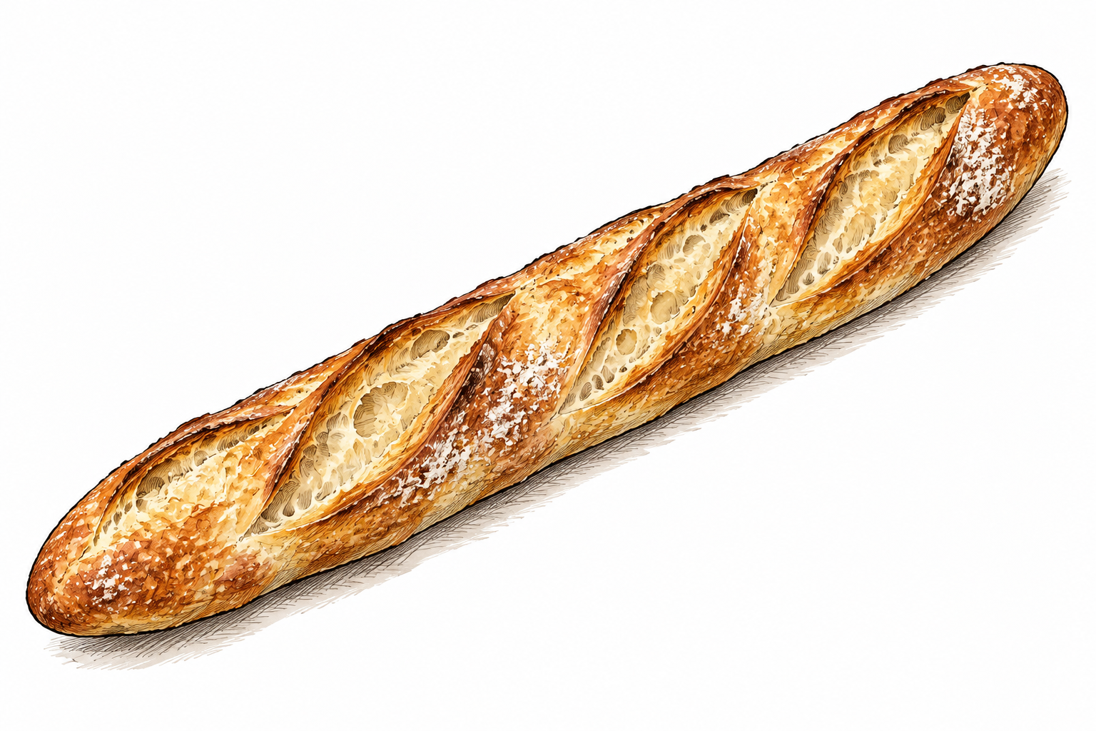 A long crusty French baguette with diagonal scoring on white paper.