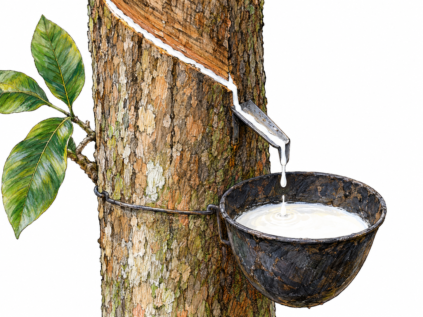 Close-up of a rubber tree being tapped: opaque milky-white latex runs from a shallow diagonal bark cut through a small spout into a collection cup.