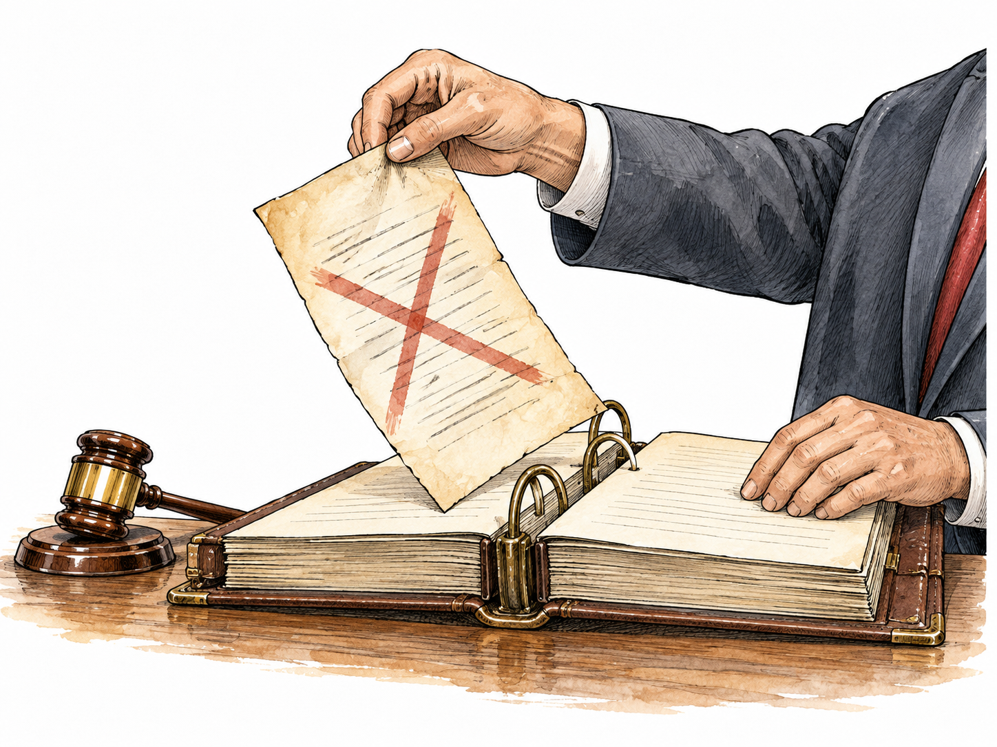 A legislative official removes an obsolete rule sheet from a bound legal record, symbolic cancellation without readable text.