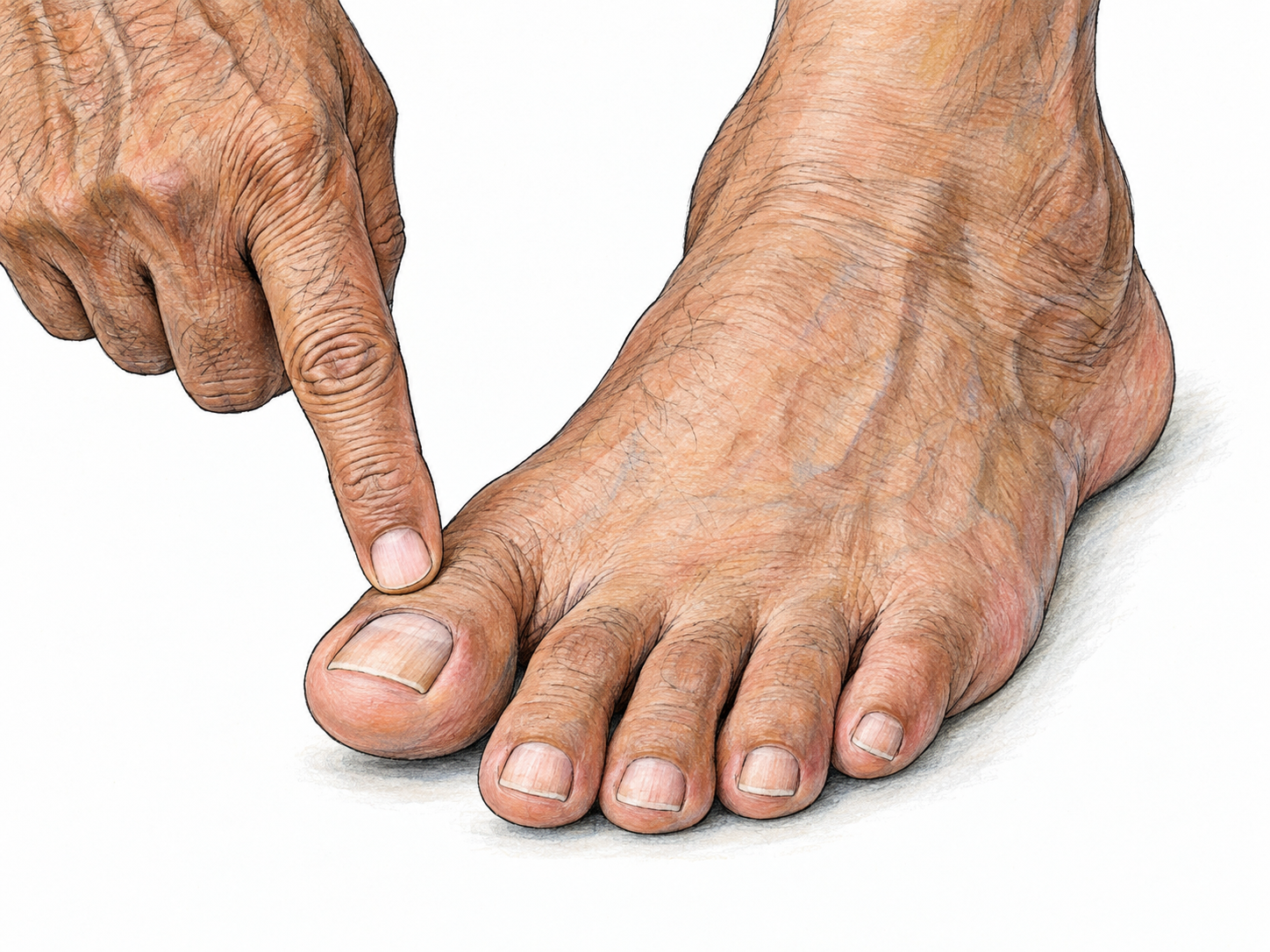 A close-up of a bare foot with all five toes clearly visible, with the owner's fingertip gently touching the big toe to isolate one foot digit.