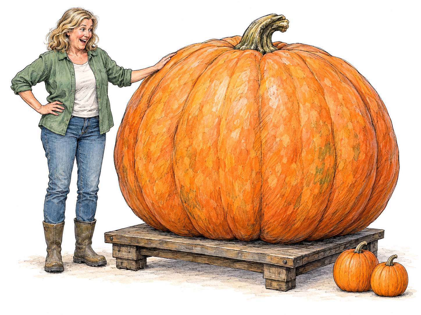 At a garden weigh-in, an exceptionally enormous pumpkin dwarfs two ordinary pumpkins nearby.