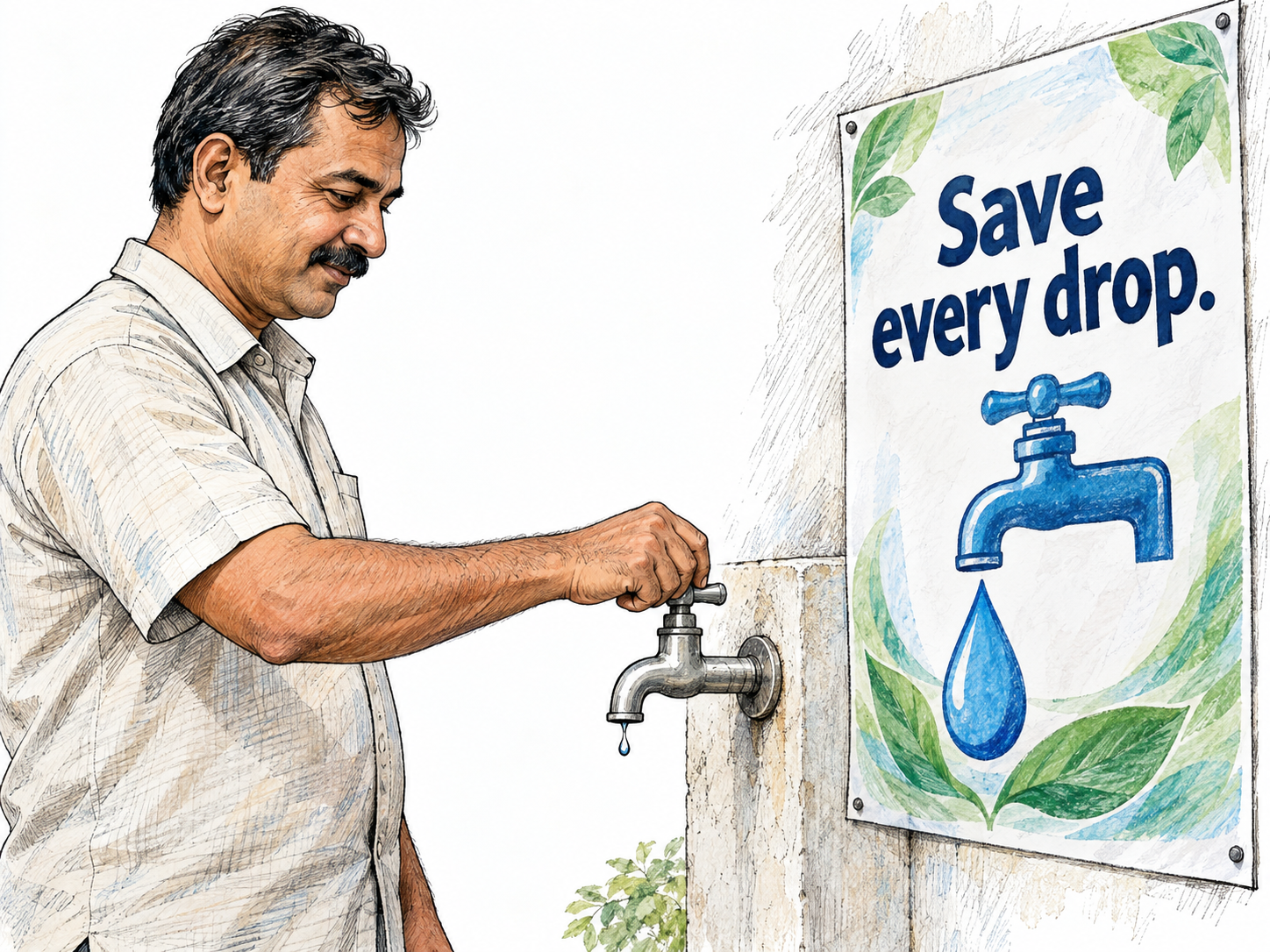 Depict a slogan as an actual short, catchy phrase promoting water conservation, printed on a concrete campaign poster beside the action it advocates.