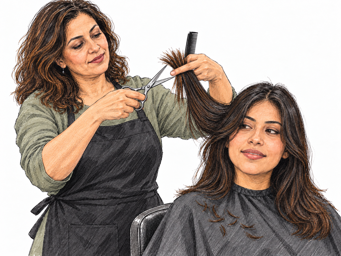 A hairdresser trims a seated client's hair, with scissors and comb visibly working on a lifted section above a salon cape.