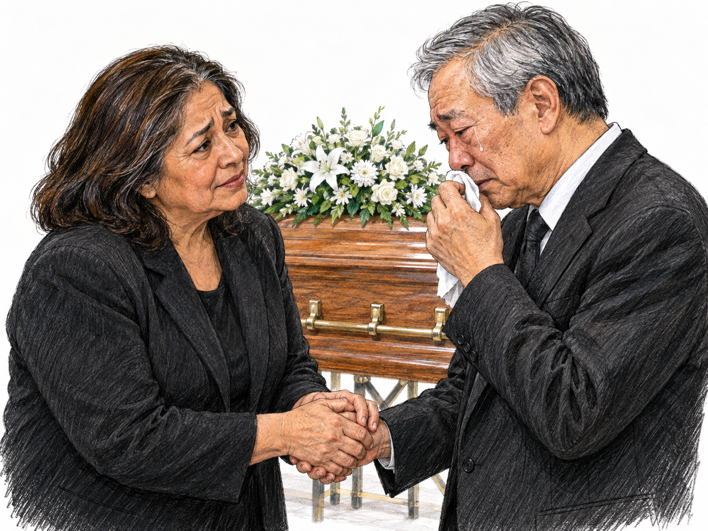 At a funeral beside a flower-covered coffin, an older woman offers condolences to a visibly grieving older man.