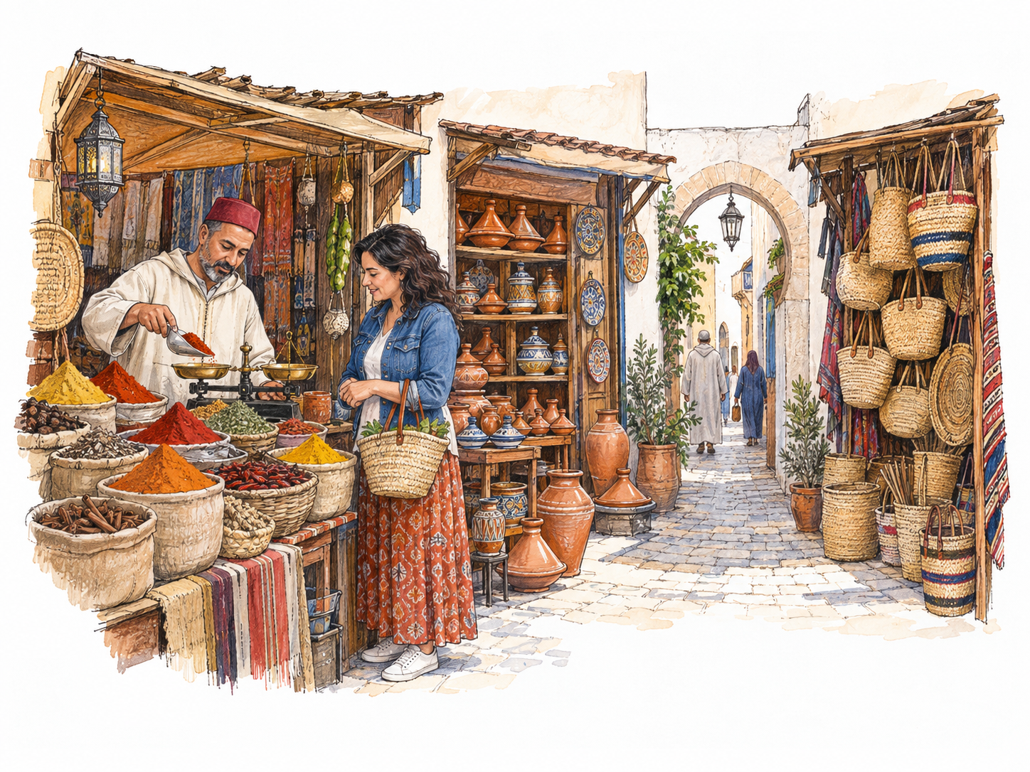 A compact contemporary Moroccan souk: neighboring open stalls of spices, pottery and woven baskets line a narrow pedestrian passage beneath a simple masonry arch.