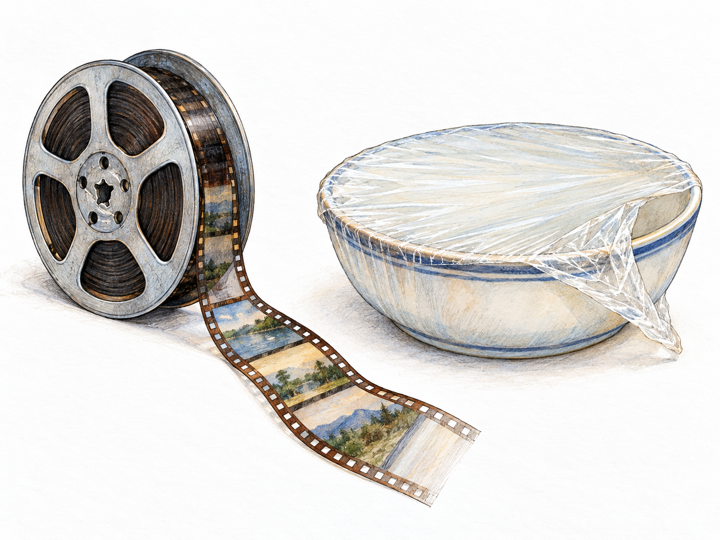 A small reel of motion-picture film with a short strip unwound beside a shallow ceramic dish covered by a thin transparent film, one corner lifted to make the surface covering clear.