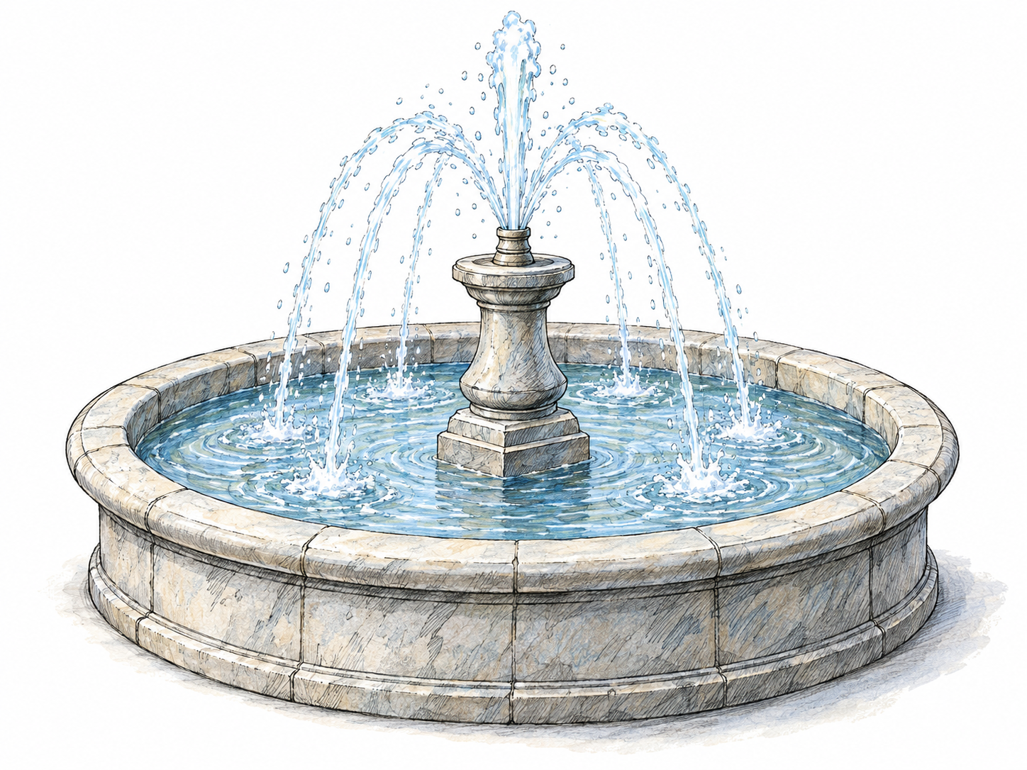 A decorative stone fountain with a clearly visible upward water jet that arcs outward and falls into its circular basin.