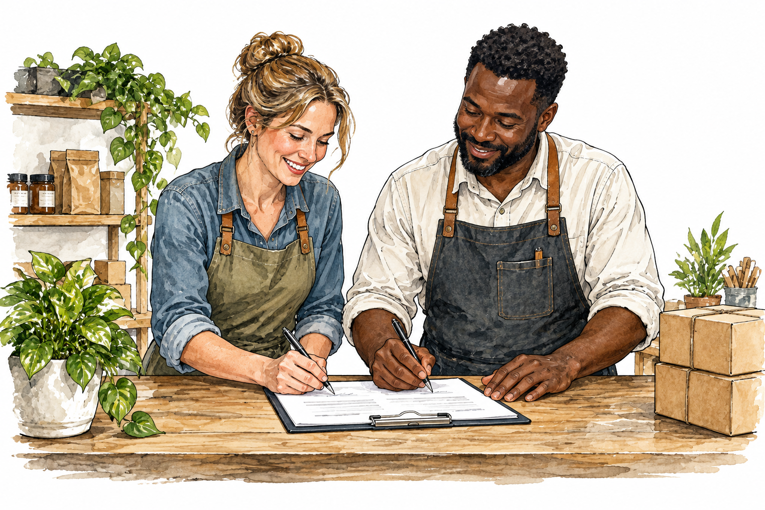 Two business partners, white woman and Black man, jointly sign a shared plan at their shop.