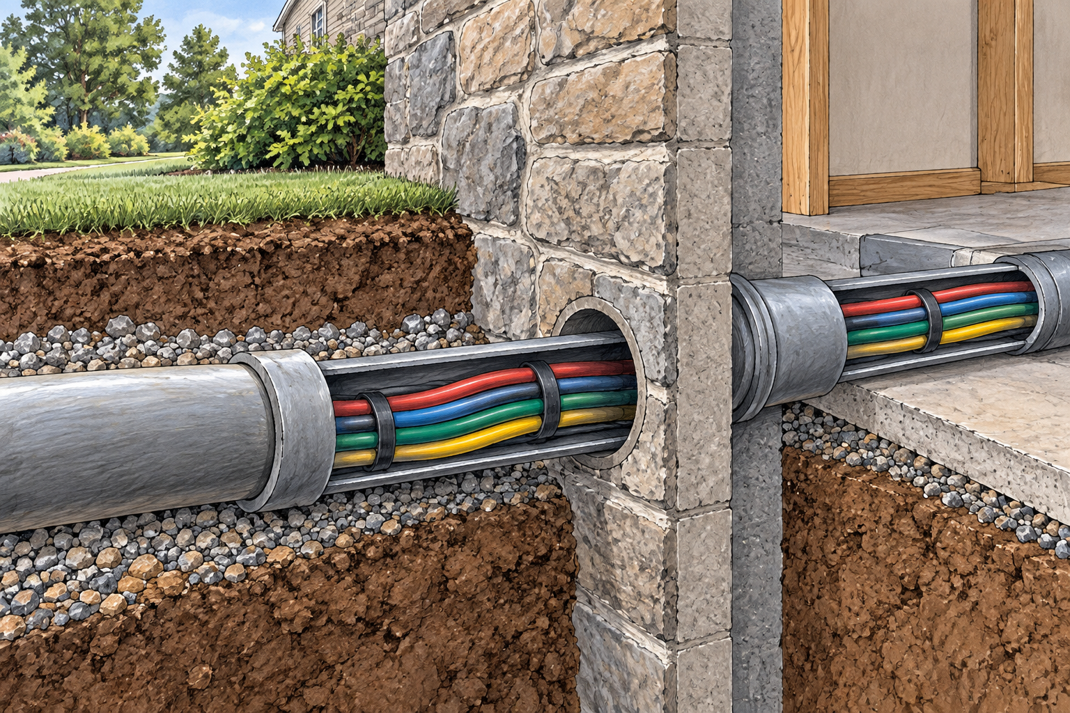 A cutaway view of a sturdy underground conduit pipe carrying a neatly bundled set of insulated colored electrical cables through a masonry wall, the pipe's protective channel clearly encloses cables and continues beyond wall.