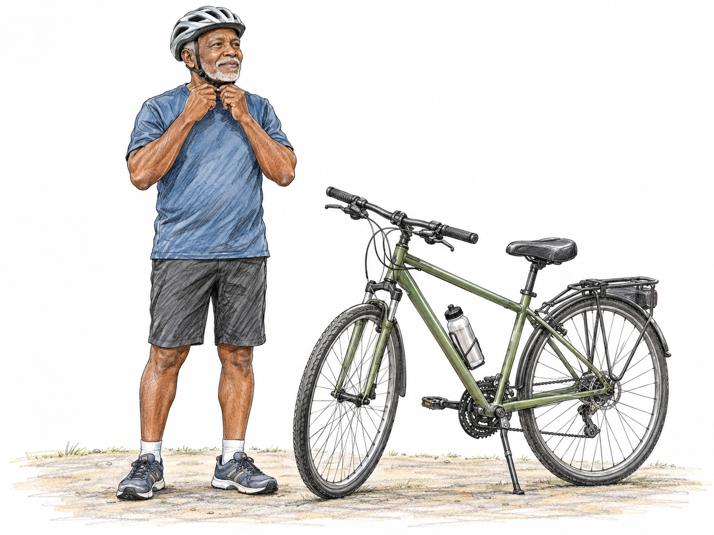 An older man fastens his bicycle helmet before riding; he stands beside a stationary bicycle with both feet on the ground, making the protective action and its timing visible.